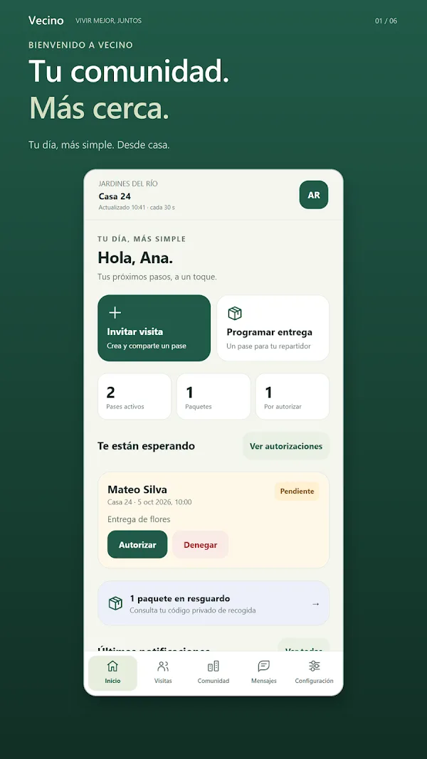 Vecino community home screen