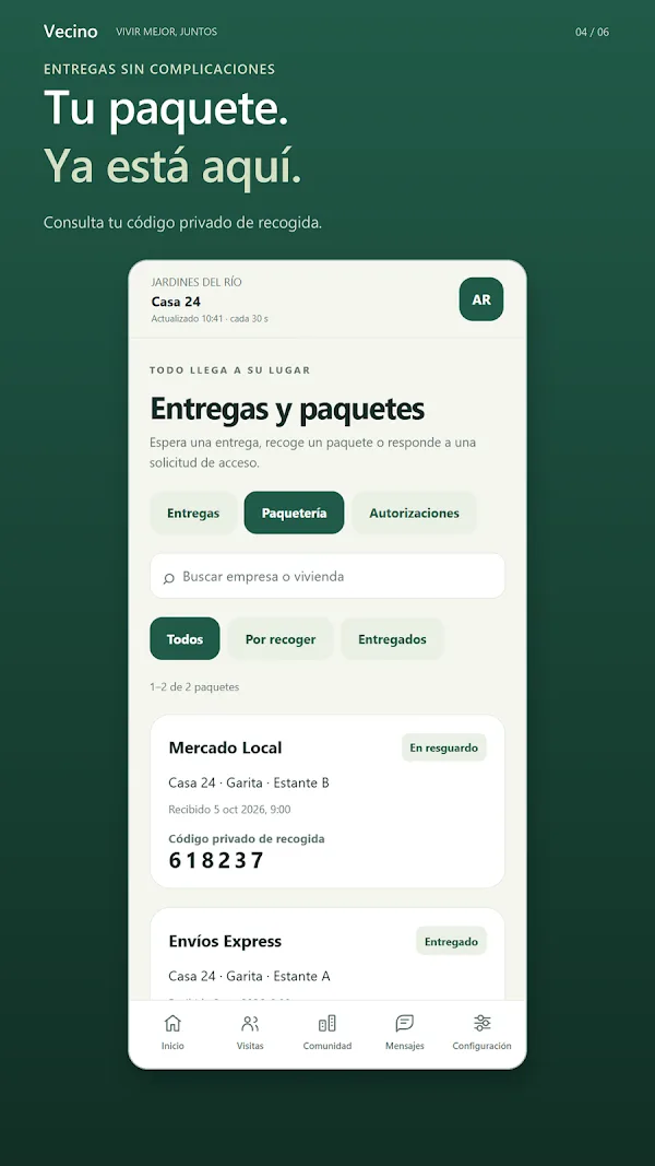 Vecino packages screen