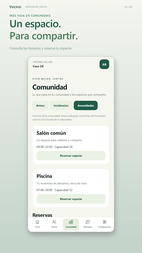 Vecino shared spaces screen